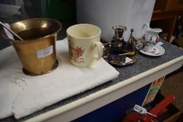 BRASS MORTAR AND PLATED SPOON AND PLATED CANDLESTICK