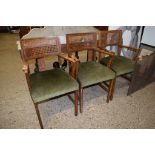 SET OF THREE EARLY 20TH CENTURY CANE BACK GREEN SEATED CARVER CHAIRS