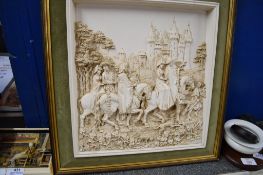 RESIN PLAQUE OF A CONTINENTAL SCENE WITH CASTLES AND TRAVELLERS