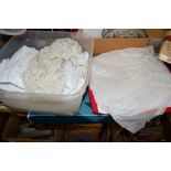 PLASTIC CONTAINER AND TWO BOXES CONTAINING VARIOUS LINEN INCLUDING BABY DRESSES ETC