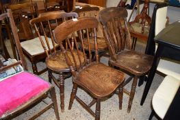 COLLECTION OF FOUR VARIOUS STICK AND SLAT BACK SOLID SEAT CHAIRS