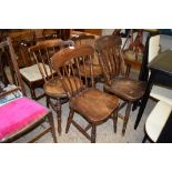 COLLECTION OF FOUR VARIOUS STICK AND SLAT BACK SOLID SEAT CHAIRS