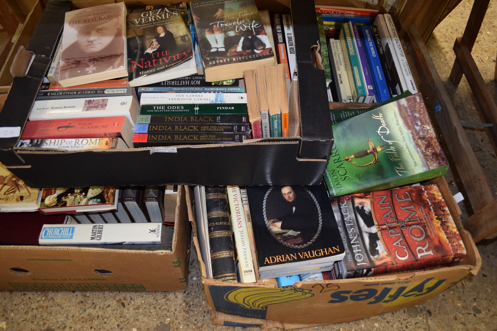 FOUR BOXES OF BOOKS, PAPERBACKS, HARDBACKS, NOVELS AND OTHER TITLES