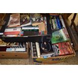 FOUR BOXES OF BOOKS, PAPERBACKS, HARDBACKS, NOVELS AND OTHER TITLES