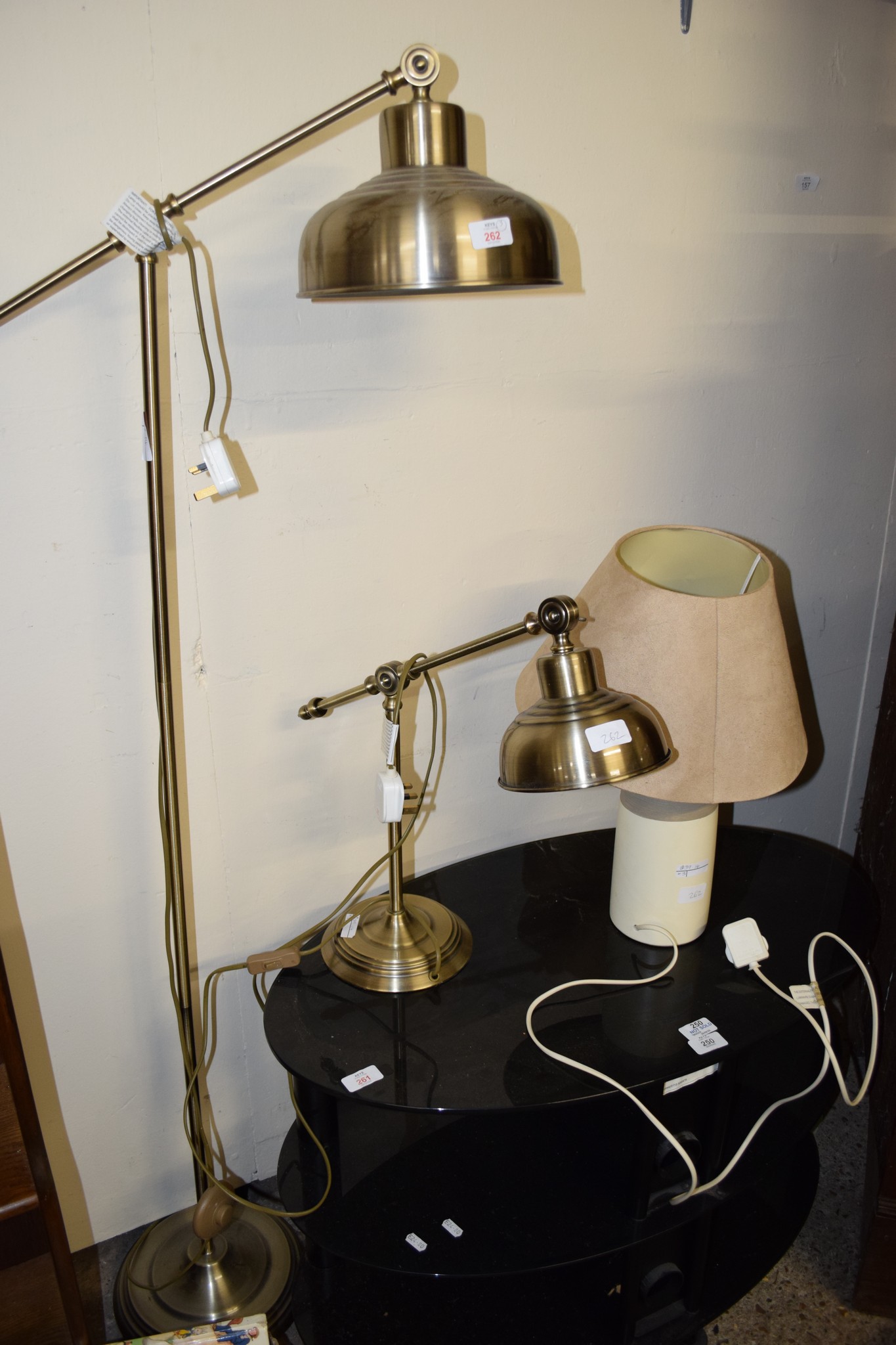 MODERN ANGLEPOISE TYPE STANDARD LAMP, SMALLER SIMILAR TABLE LAMP AND ONE OTHER, LARGEST 147CM