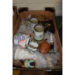 BOX OF MAINLY CERAMIC ITEMS ETC INCLUDING TWO TANKARDS DECORATED WITH HUNTING SCENES