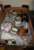 BOX OF MAINLY CERAMIC ITEMS ETC INCLUDING TWO TANKARDS DECORATED WITH HUNTING SCENES