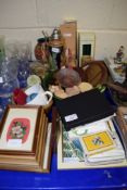 MISCELLANEOUS POTTERY ITEMS AND SMALL FRAMED PRINTS OF FLOWERS AND BOX OF PLAYING CARDS ETC