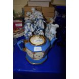 TEA POT AND STAND AND GROUP OF CERAMIC BLUE AND WHITE FIGURINES