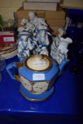 TEA POT AND STAND AND GROUP OF CERAMIC BLUE AND WHITE FIGURINES