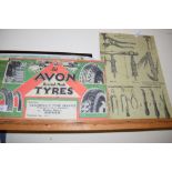 VINTAGE CARDBOARD AVON TYRES SIGN AND SIMILAR SIGN DEPICTING CORKSCREWS AND CHAMPAGNE KNIVES ETC