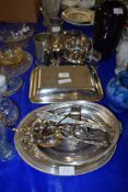 QUANTITY OF PLATED WARES COMPRISING TWO TANKARDS, SERVING DISHES ETC