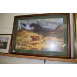 LARGE COLOURED LITHOGRAPH OF HIGHLAND CATTLE