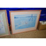 IMPRESSIONIST PRINT OF A BEACH SCENE IN LIGHT OAK FRAME