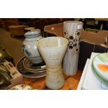 STUDIO POTTERY WARES INCLUDING A VASE STAMPED VELLOW SOMERSET, LARGE DISH AND TWO OTHERS