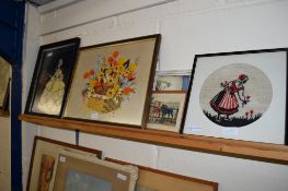 VINTAGE TINSEL TYPE PICTURE AND OTHER EMBROIDERED PICTURES AND PRINTS (5)