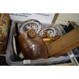 BOX CONTAINING LARGE BROWN STONEWARE BARREL, TWO AMHERST JAPAN STONE CHINA PLATES AND WOODEN ITEMS