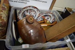 BOX CONTAINING LARGE BROWN STONEWARE BARREL, TWO AMHERST JAPAN STONE CHINA PLATES AND WOODEN ITEMS