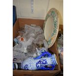 BOX CONTAINING POTTERY ITEMS, SOME WITH BLUE AND WHITE DELFT DESIGN