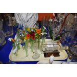 TRAY CONTAINING GLASS FLOWERS OF VARIOUS COLOURS