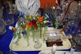 TRAY CONTAINING GLASS FLOWERS OF VARIOUS COLOURS