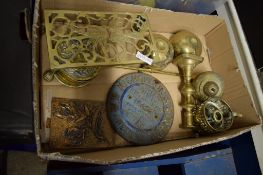 BRASS WARES INCLUDING A BRASS TRIVET AND CIRCULAR METAL PLATE STAMPED “CMD DISTRIBUTOR W N NICHOLSON