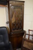 REPRODUCTION FULL HEIGHT CORNER CUPBOARD WITH LEADED GLAZED TOP DOOR, 182CM HIGH