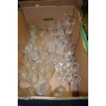 BOX CONTAINING MIXED GLASS WARES, TUMBLERS, WINE GLASSES ETC