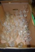 BOX CONTAINING MIXED GLASS WARES, TUMBLERS, WINE GLASSES ETC