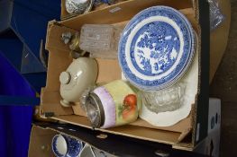 POTTERY BISCUIT BARREL DECORATED WITH FRUIT, BLUE AND WHITE PLATES BY WEDGWOOD AND SOME GLASS ITEMS