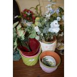 GROUP OF POTTERY JARDINIERES AND SOME WITH PLASTIC FLOWERS