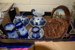 GROUP OF BLUE AND WHITE CERAMIC ITEMS INCLUDING JUG AND BOWL AND CHEESE DISH