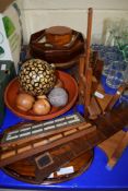 GROUP OF CRIBBAGE BOARDS, SMALL OVAL WOODEN DISH AND OTHER WOODEN ITEMS