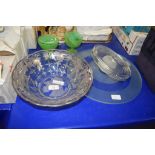 LARGE GLASS FRUIT BOWL WITH SILVER METAL OVERLAY AND TWO PLASTIC CUSTARD CUPS AND COVER AND A