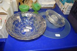 LARGE GLASS FRUIT BOWL WITH SILVER METAL OVERLAY AND TWO PLASTIC CUSTARD CUPS AND COVER AND A