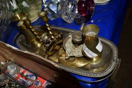 TRAY CONTAINING BRASS WARES INCLUDING SMALL CANDLESTICKS, TWO TAPER STICKS ETC
