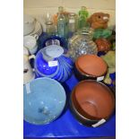 GROUP OF ART GLASS WARES INCLUDING A FROSTED BLUE GLASS VASE AND A GLOBULAR BLUE GLASS WITH SWIRLING