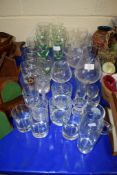 GROUP OF GLASS WARES INCLUDING TUMBLERS, BRANDY BALLOONS ETC