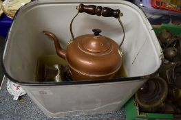 METAL BREAD BIN AND COVER CONTAINING COPPER KETTLE AND VARIOUS OTHER ITEMS