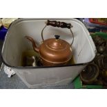 METAL BREAD BIN AND COVER CONTAINING COPPER KETTLE AND VARIOUS OTHER ITEMS