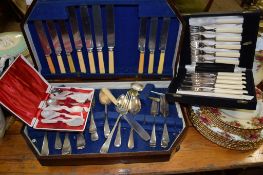 THREE BOXES OF PLATED FLATWARES INCLUDING APOSTLE SPOONS, FISH KNIVES ETC PLUS A BAG CONTAINING BEER