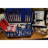 THREE BOXES OF PLATED FLATWARES INCLUDING APOSTLE SPOONS, FISH KNIVES ETC PLUS A BAG CONTAINING BEER