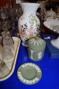 AYNSLEY VASE AND TWO PIECES OF WEDGWOOD GREEN JASPERWARE AND A CERAMIC TAZZA