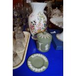 AYNSLEY VASE AND TWO PIECES OF WEDGWOOD GREEN JASPERWARE AND A CERAMIC TAZZA