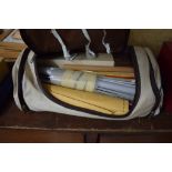 BAG CONTAINING VARIOUS SEWING EQUIPMENT AND KNITTING NEEDLES