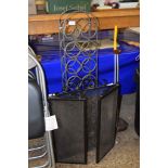 MODERN WROUGHT IRON FIRE SCREEN AND A METAL WINE RACK