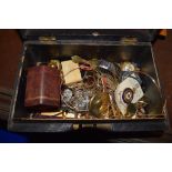 BOX CONTAINING VARIOUS COSTUME JEWELLERY AND BADGES AND WRIST WATCHES ETC