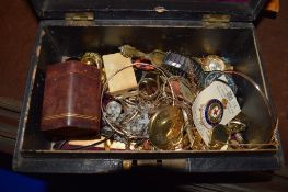 BOX CONTAINING VARIOUS COSTUME JEWELLERY AND BADGES AND WRIST WATCHES ETC