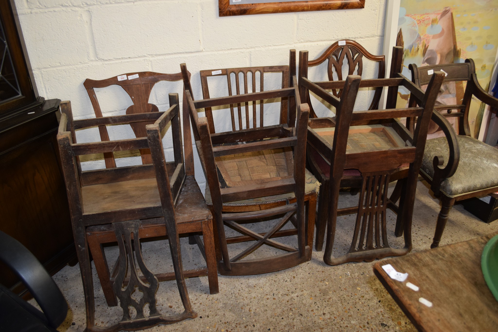 COLLECTION OF SEVEN 18TH AND 19TH CENTURY DINING CHAIRS INCLUDING ONE REGENCY CARVER CHAIR