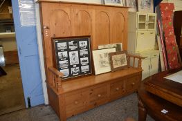 GOOD QUALITY MODERN PINE SETTLE, THE BASE SECTION WITH FOUR DRAWERS, 188CM WIDE X 88.5CM HIGH